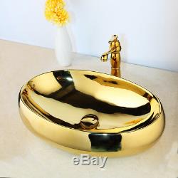 19 Oval Gold Ceramic Lavatory Vessel Sinks Basin Bowl Mixer Faucet Pop Drain