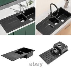 1.5 Bowl Black Granite Stone Kitchen Sink & Waste Left Platform Table Deep Bowls