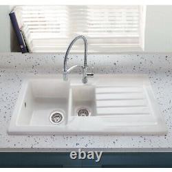 1.5 Bowl Inset White Ceramic Kitchen Sink with Reversible Drainer Alexandra