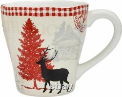 222 Fifth Northwood Cottage 16-Piece Mixed Holiday Dinnerware Set Deer Woods New