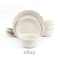 24-PC Elegant Dinnerware Embossed Lace Set, Dishes Plates and Bowls, Linen Color