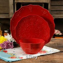 24-PC Elegant Dinnerware Farmhouse Lace Set, Dishes Plates & Bowls, Festive Red