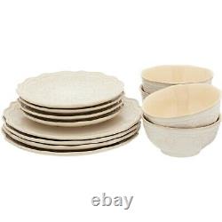 24-PC Elegant Dinnerware Farmhouse Lace Set, Dishes Plates & Bowls, Linen Color