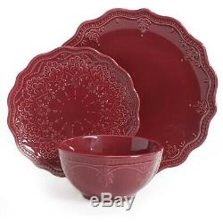 24-Piece Elegant Dinnerware Farmhouse Lace Set, Dishes Plates & Bowls, Burgundi