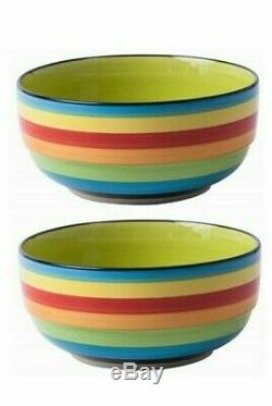 7 large RAINBOW, Set of 2 Bright Coloured Large Ceramic Cereal Bowls Soup Bowls