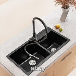 86CM Black Quartz Stone Double Deep Bowl Kitchen Sink with Drainer Waste Kit