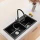 86CM Black Quartz Stone Double Deep Bowl Kitchen Sink with Drainer Waste Kit