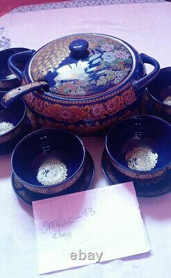 Antique moroccan ceramic soup set bowl with 5 matching serving bowls & saucers