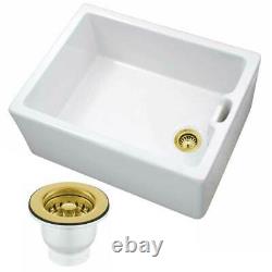 Astini Belfast 100 1.0 Bowl White Ceramic Kitchen Sink & Gold Strainer Waste