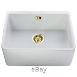 Astini Belfast 600 1.0 Bowl White Ceramic Kitchen Sink & Gold Waste