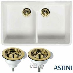 Astini Belfast 800 2.0 Bowl White Ceramic Kitchen Sink & Gold Waste