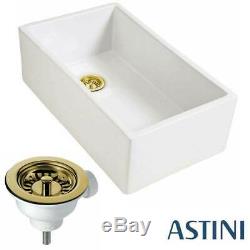 Astini Belgrave 760 1.0 Bowl White Ceramic Kitchen Sink & Gold Waste