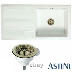 Astini Canterbury 100 1.0 Bowl Gloss White Ceramic Kitchen Sink & Bronze Waste