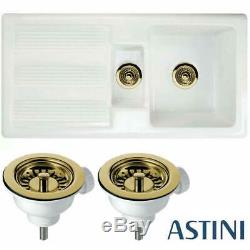 Astini Canterbury 150 1.5 Bowl Gloss White Ceramic Kitchen Sink & Gold Waste