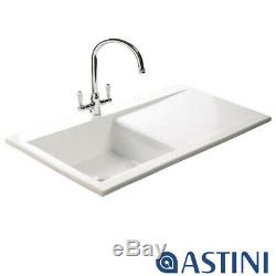 Astini Desire 100 1.0 Bowl Gloss White Ceramic Kitchen Sink, Waste & Tap