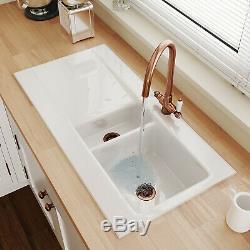 Astini Desire 150 1.5 Bowl Gloss White Ceramic Kitchen Sink & Copper Waste