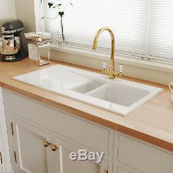 Astini Desire 150 1.5 Bowl Gloss White Ceramic Kitchen Sink & Gold Waste