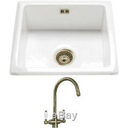 Astini Hampton 100 1.0 Bowl White Ceramic Undermount Kitchen Sink & Bronze Waste