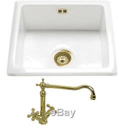 Astini Hampton 100 1.0 Bowl White Ceramic Undermount Kitchen Sink & Gold Waste