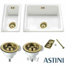 Astini Hampton 150 1.5 Bowl White Ceramic Undermount Kitchen Sink & Gold Waste