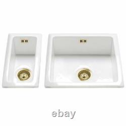 Astini Hampton 150 1.5 Bowl White Ceramic Undermount Kitchen Sink & Gold Waste