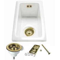Astini Hampton 50 0.5 Bowl White Ceramic Undermount Kitchen Sink & Gold Waste