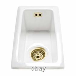 Astini Hampton 50 0.5 Bowl White Ceramic Undermount Kitchen Sink & Gold Waste