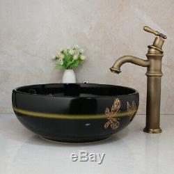 Bathroom Black Ceramic Basin Bowl Vessel Sink Antique Brass Mixer Faucet +Drains