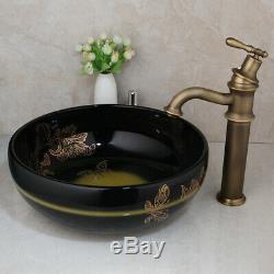 Bathroom Black Ceramic Basin Bowl Vessel Sink Antique Brass Mixer Faucet +Drains