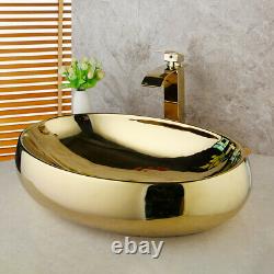 Bathroom Waterfall Gold Mixer Faucet+Oval Gold Ceramic Basin Sink Bowl+Pop Drain