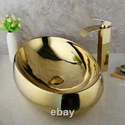 Bathroom Waterfall Gold Mixer Faucet+Oval Gold Ceramic Basin Sink Bowl+Pop Drain
