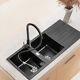 Black Kitchen Sink 2 Bowl Quartz Stone Washing Catering Sink With Right Drain Tray