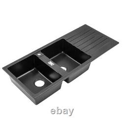 Black Kitchen Sink 2 Bowl Quartz Stone Washing Catering Sink With Right Drain Tray
