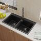 Black Quartz Stone Double Bowl Kitchen Sink with Drainer Waste Kit Inset Bowls