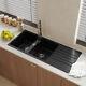 Black Quartz Stone Double Bowl Undermount Kitchen Sink With Right Drain Tray