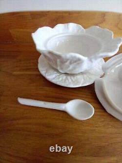 Bordallo Pinheiro white cabbageware covered bowl & spoon / condiment dish rare