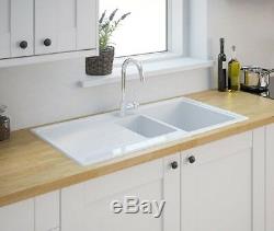 Burbank 1.5 Double Bowl Gloss White Ceramic Reversible Kitchen Sink (A)