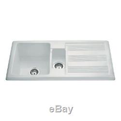 CDA Ceramic 1.5 Bowl White Ceramic Reversible Kitchen Sink & Waste KC24WH