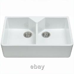 CDA KC12WH Belfast Ceramic Double Bowl Farmhouse Sink White Sit-on