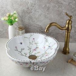 Ceramic Basin Bowl Vanity Vessel Sink Antique Brass Mixer Faucet Drain Combo Set