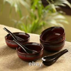 Ceramic Hand Glazed Solid Serveware Pottery Soup Bowls with Spoons, 430 ML, Set 4