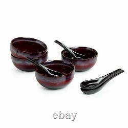 Ceramic Hand Glazed Solid Serveware Pottery Soup Bowls with Spoons, 430 ML, Set 4