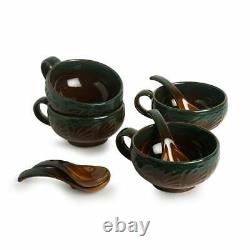 Ceramic Handled Soup Bowl Set with Spoon (300ml, Amber, Teal Tints)-Set of 4