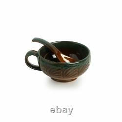 Ceramic Handled Soup Bowl Set with Spoon (300ml, Amber, Teal Tints)-Set of 4