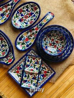 Ceramic Kitchen Set Bowls Plates Armenian Handmade Decorated Holy Land 15 pieces