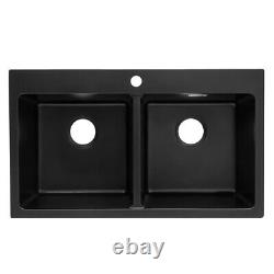 Ceramic Large 2.0 Bowl Kitchen Sink With Drainer & Basket Waste Twin Bowls Black