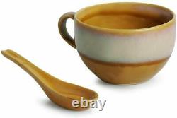 Ceramic Soup Bowls with Spoons, 450 ml, 4-Piece, Mustard Yellow and Off-White