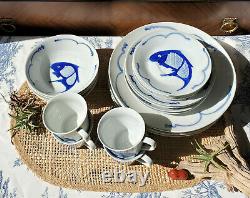 Chinese white ceramic dishes cobalt blue koi goldfish Vtg complete set for 4
