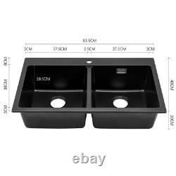 Double Bowl Kitchen Sink 835x490mm Black Quartz Stone Undermount Inset Waste