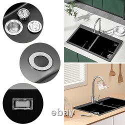 Double Bowl Kitchen Sink 835x490mm Black Quartz Stone Undermount Inset Waste